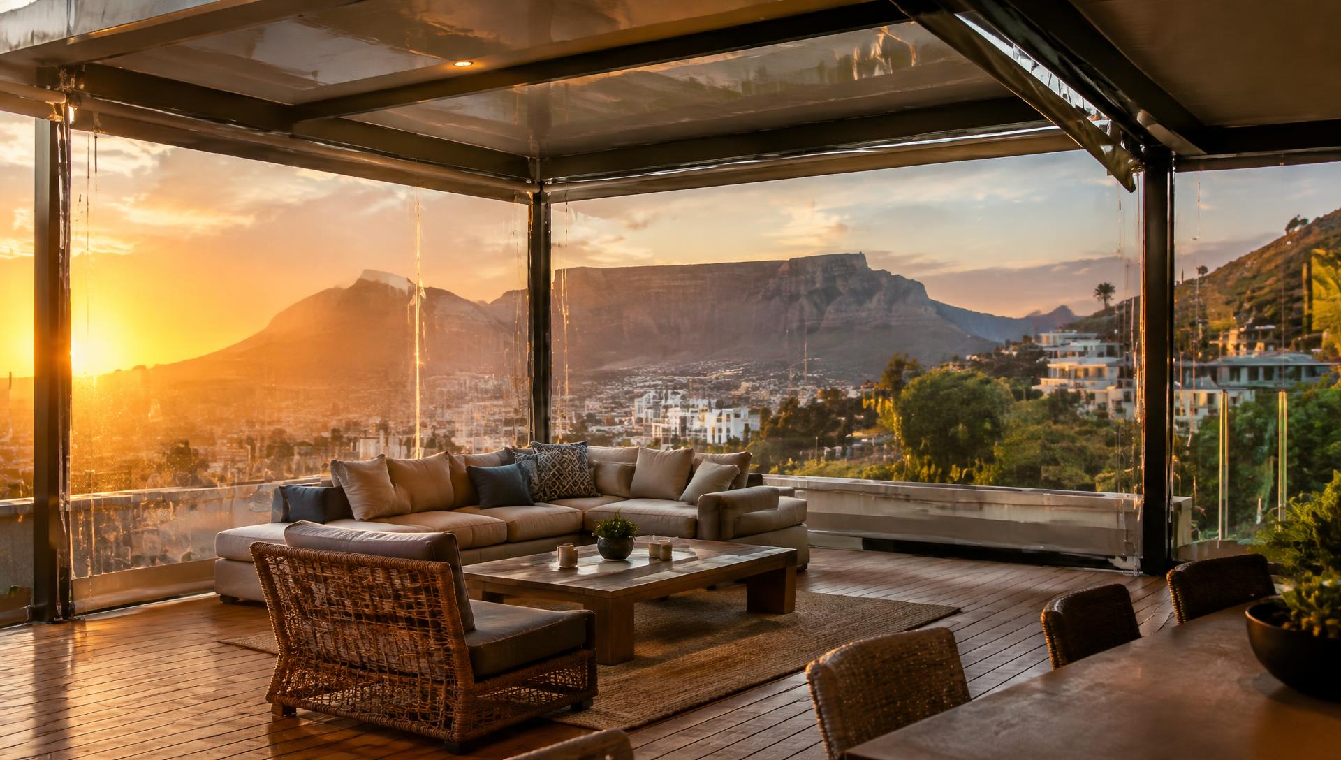 Patio enclosed with clear outdoor blinds overlooking Table Mountain